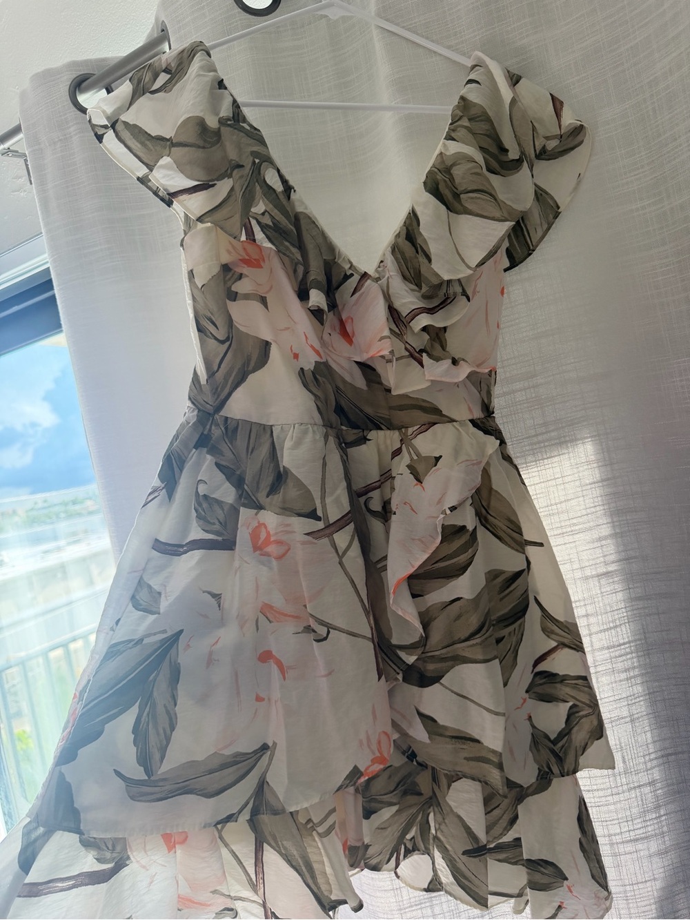 Express Floral Ruffle V-Neck Mini Dress - Cream, Olive & Pink